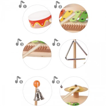 CLASSIC WORLD Muzikos instrumentų rinkinys vaikams Ksilofonas Skalbimo lenta Lėkštės Būgnai Lėkštės pagaliukai Trikampis Varpas 9 vnt.