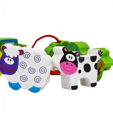 WOOPIE GREEN Medinės virvelinės kaladėlės Animals Farm 13 vnt.