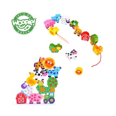 WOOPIE GREEN Medinės virvelinės kaladėlės Animals Farm 13 vnt.