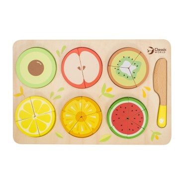 CLASSIC WORLD Mediniai vaisiai, skirti pjaustyti Velcro + mokomosiomis frakcijomis ir dalijimu MONTESSORI 23 vnt.