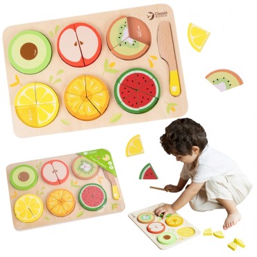 CLASSIC WORLD Mediniai vaisiai, skirti pjaustyti Velcro + mokomosiomis frakcijomis ir dalijimu MONTESSORI 23 vnt.