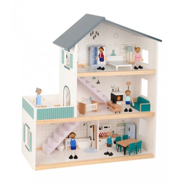 TOOKY TOY Didelis medinis lėlių namelis + FSC figūrėlės