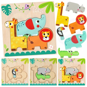 Tooky Toy Medinė dėlionė Montessori Daugiasluoksnė lenta Miško gyvūnai 7 vnt.