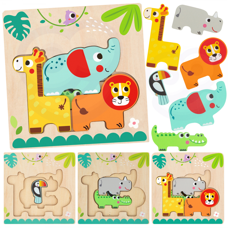 Tooky Toy Medinė dėlionė Montessori Daugiasluoksnė lenta Miško gyvūnai 7 vnt.