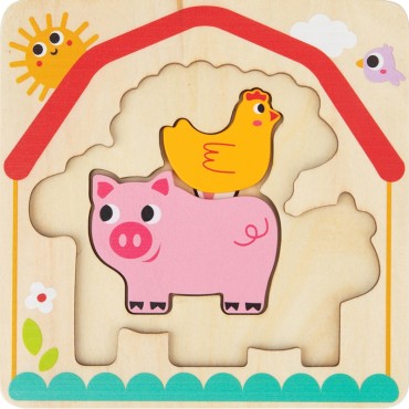Tooky Toy Medinė dėlionė Montessori Daugiasluoksnė lenta Gyvūnai ūkyje 7 vnt.