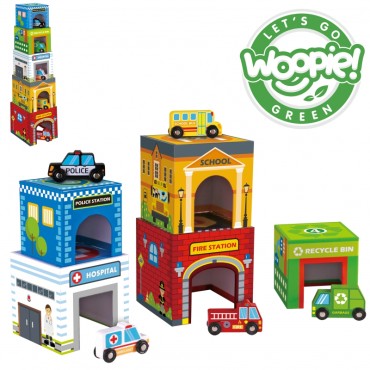 WOOPIE GREEN dėlionės kubeliai Miesto transporto priemonės dėžėse + figūrėlės 10 vnt.