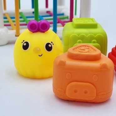 WOOPIE BABY Lankstus sensorinis kubelių rūšiuotojas vaikams gyvūnams + barškutis 7 vnt.