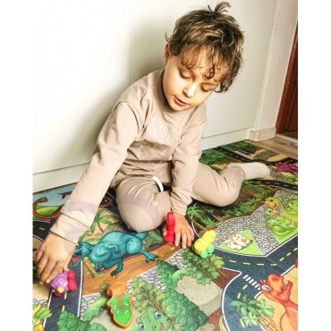 WOOPIE BABY kelio kilimėlis žaisliniams automobiliams Rinkinys Dinozaurai Automobiliai + Kelio ženklai