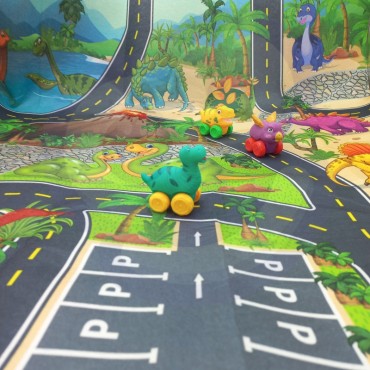 WOOPIE BABY kelio kilimėlis žaisliniams automobiliams Rinkinys Dinozaurai Automobiliai + Kelio ženklai