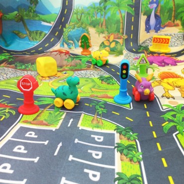 WOOPIE BABY kelio kilimėlis žaisliniams automobiliams Rinkinys Dinozaurai Automobiliai + Kelio ženklai