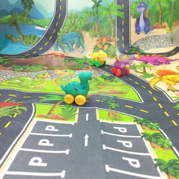 WOOPIE BABY kelio kilimėlis žaisliniams automobiliams Rinkinys Dinozaurai Automobiliai + Kelio ženklai
