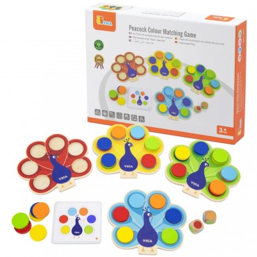 VIGA Wooden Game Match Colors Peacock Tail Montessori + kortelės