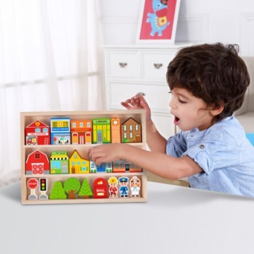 TOOKY TOY Medinių miesto pastatų ir figūrų rinkinys