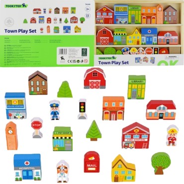 TOOKY TOY Medinių miesto pastatų ir figūrų rinkinys