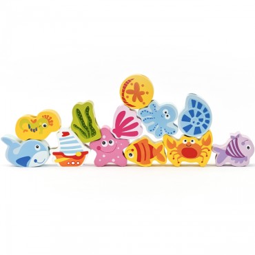 CLASSIC WORLD Medinės virvelinės kaladėlės Aquatic Animals 13 vnt.