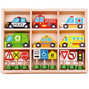 TOOKY TOY Kelių greitkelių galvosūkis + transporto priemonės, automobiliai, kelio ženklai