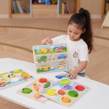 VIGA Medinė dėlionė Montessori 2in1 galvosūkių figūrėlės Transporto priemonės