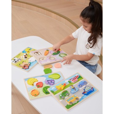VIGA Medinė dėlionė Montessori 2in1 galvosūkių figūrėlės Transporto priemonės