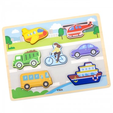 VIGA Medinė dėlionė Montessori 2in1 galvosūkių figūrėlės Transporto priemonės