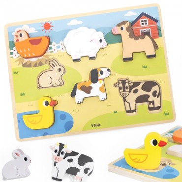 VIGA medinė dėlionė Montessori 2in1 galvosūkių ūkio figūrėlės