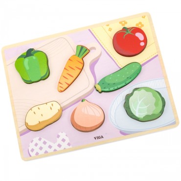 VIGA medinė dėlionė Montessori 2in1 daržovių figūrėlės