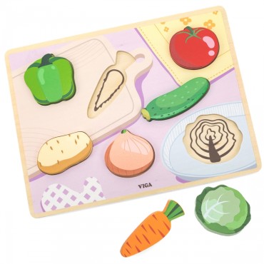 VIGA medinė dėlionė Montessori 2in1 daržovių figūrėlės