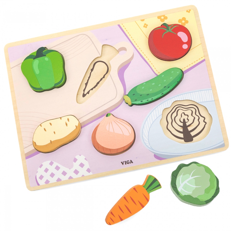 VIGA medinė dėlionė Montessori 2in1 daržovių figūrėlės