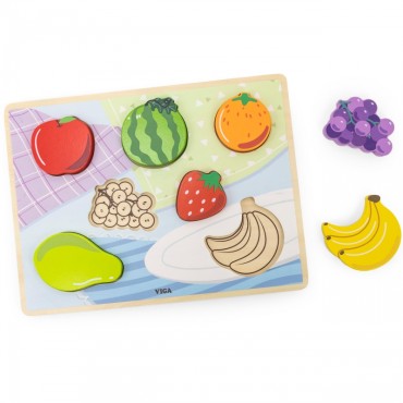 VIGA medinė dėlionė Montessori dėlionė 2in1 vaisių figūrėlės