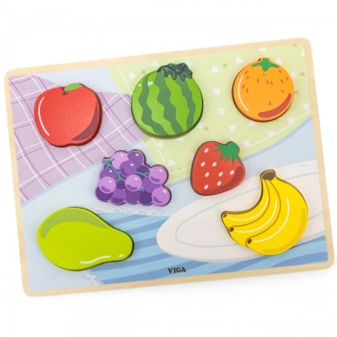 VIGA medinė dėlionė Montessori dėlionė 2in1 vaisių figūrėlės