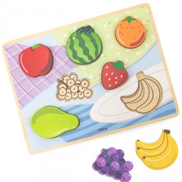 VIGA medinė dėlionė Montessori dėlionė 2in1 vaisių figūrėlės