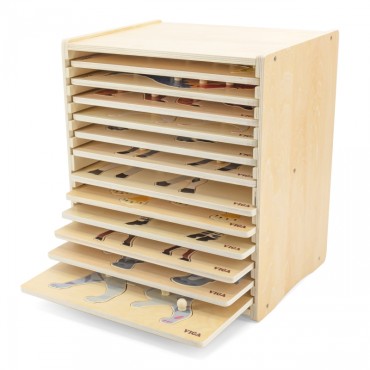 VIGA medinių dėlionių rinkinys iš 12 Montessori gyvūnų galvosūkių + stovas