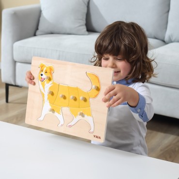 VIGA medinių dėlionių rinkinys iš 12 Montessori gyvūnų galvosūkių + stovas
