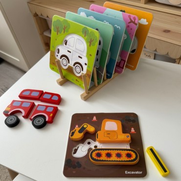 WOOPIE GREEN Mediniai galvosūkių blokai Transporto priemonės Montessori FSC