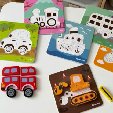 WOOPIE GREEN Mediniai galvosūkių blokai Transporto priemonės Montessori FSC