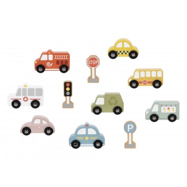 TOOKY TOY Medinių transporto priemonių ir kelio ženklų rinkinys dėžutėje