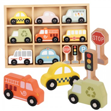 TOOKY TOY Medinių transporto priemonių ir kelio ženklų rinkinys dėžutėje