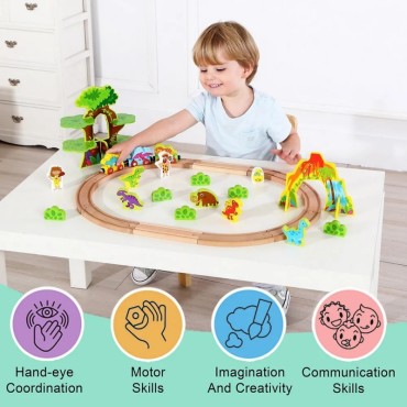 TOOKY TOY Medinis magnetinis traukinys dinozaurai + figūrėlės