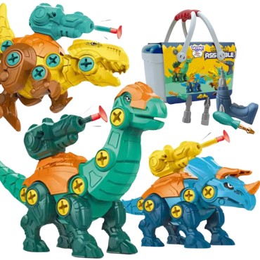 WOOPIE dinozaurų surinkimo rinkinys 3 vnt statybinis rinkinys dėžutėje + grąžtas ir atsuktuvas