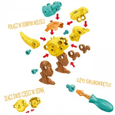 WOOPIE dinozaurų surinkimo rinkinys 3 vnt statybinis rinkinys dėžutėje + grąžtas ir atsuktuvas