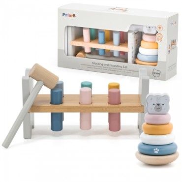 VIGA PolarB Medinė piramidė + Punch su plaktuku Baltasis lokys Montessori