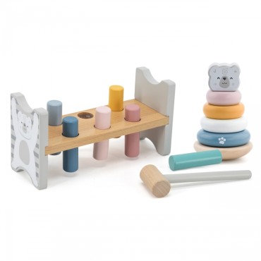 VIGA PolarB Medinė piramidė + Punch su plaktuku Baltasis lokys Montessori