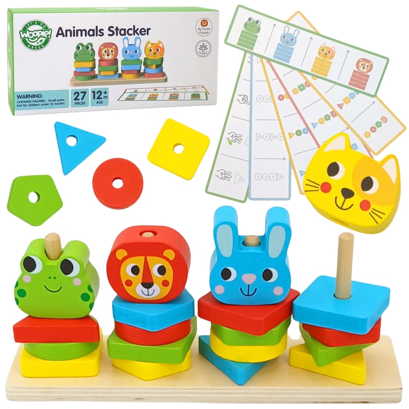 WOOPIE GREEN Montessori dėlionės piramidės gyvūnai 27 vnt. FSC