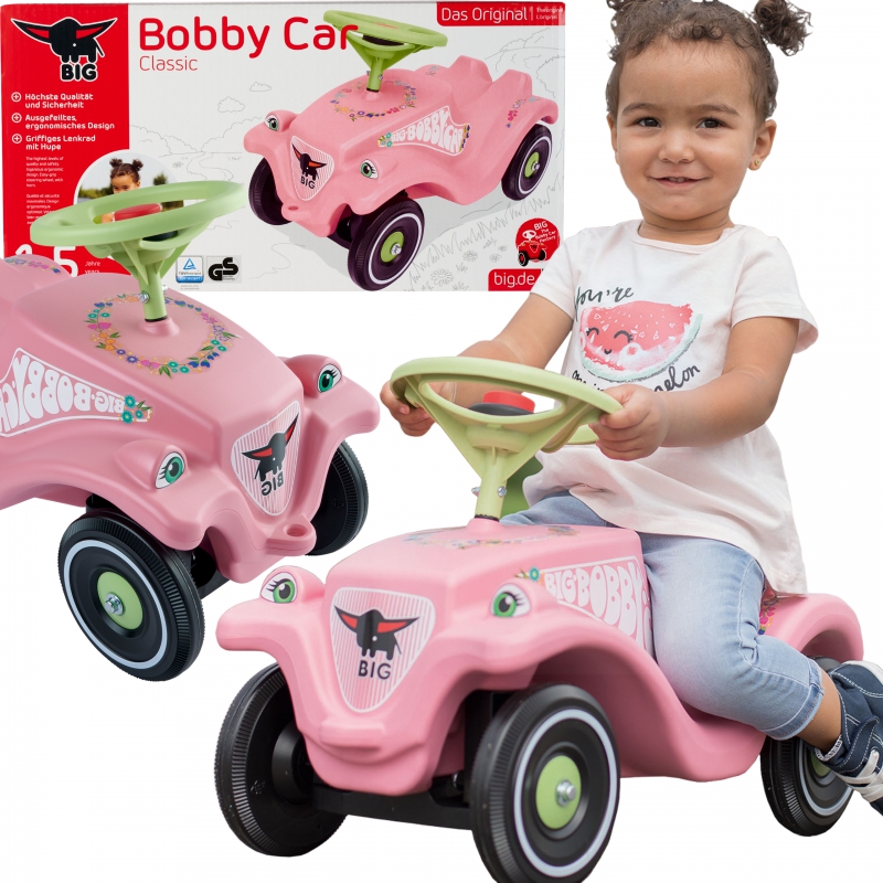 BIG Bobby Car Klasikinis gėlių važiavimas ant rožinės spalvos