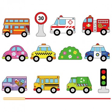 VIGA medinės kaladėlės, mediniai surišimai, raišteliai, automobiliai