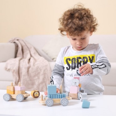 VIGA PolarB Medinis traukinys su vagonais ir gyvūnais Montessori tempimui