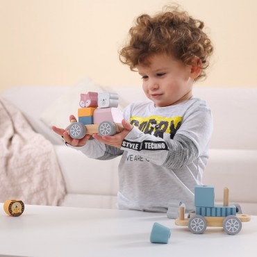 VIGA PolarB Medinis traukinys su vagonais ir gyvūnais Montessori tempimui