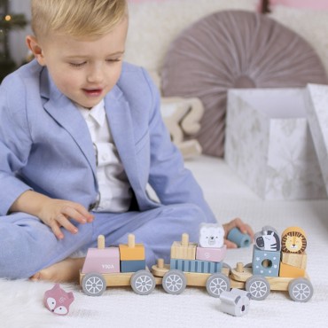 VIGA PolarB Medinis traukinys su vagonais ir gyvūnais Montessori tempimui