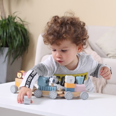 VIGA PolarB Medinis traukinys su vagonais ir gyvūnais Montessori tempimui