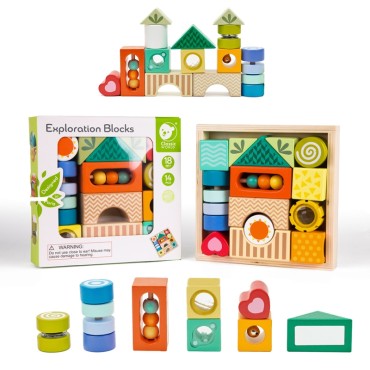 CLASSIC WORLD Medinės sensorinės kaladėlės 7 Funkcijos Daugiafunkcinės dėlionės formos Garsas MONTESSORI 14 vnt.