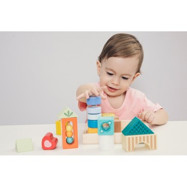 CLASSIC WORLD Medinės sensorinės kaladėlės 7 Funkcijos Daugiafunkcinės dėlionės formos Garsas MONTESSORI 14 vnt.